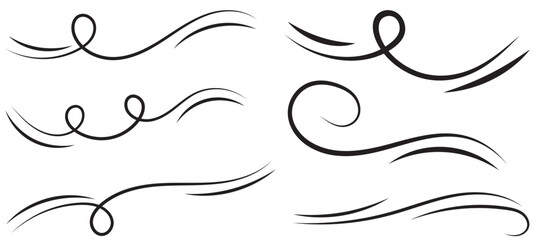 Big set of line winds. Air, wind, swirl in doodle illustration style. Vector illustration on white background