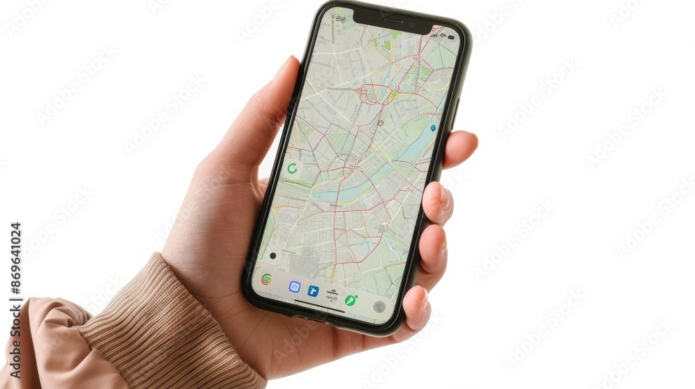 Aufkleber woman's hand displaying a smartphone with a map app open, white background
