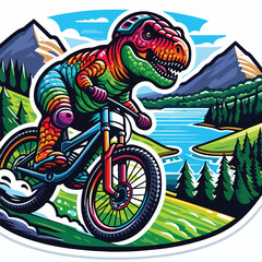 dinosaur riding a bike with mountain
