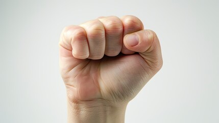Woman's hand forming a fist, thumb inside, white background