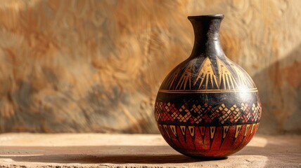 Traditional black and red pottery vase with intricate geometric patterns