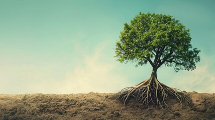 Solitary tree stands with its roots exposed, under clear sky