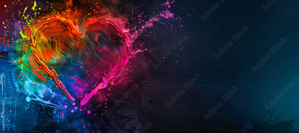 Poster a vibrant rainbow heart explodes with color against a dark blue background, creating a dynamic and a