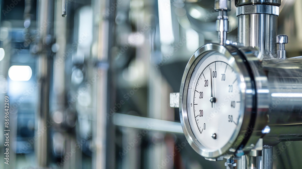 Poster a close-up view of a temperature sensor gauge in a modern industrial setting. the gauge is made of c