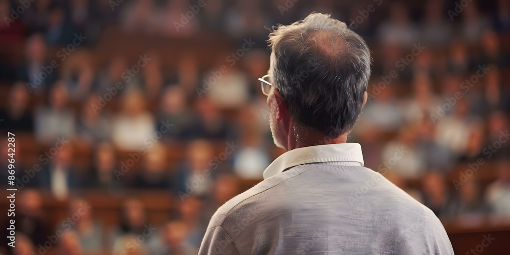 Poster a photo capturing a professor giving a lecture in a university lecture hall. concept academic settin