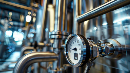Fototapeta premium A close-up shot of a temperature sensor attached to a network of pipes in a modern factory