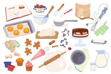 Vector set of baking ingredients, products and kitchen tools Flour, whisk, butter, milk for cooking homemade baking recipes Cartoon kitchen supplies, bakery stuff for poster, banner, card, advertising