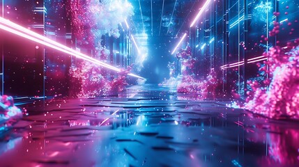 Fototapeta premium Glowing neon pink and blue splashes against a futuristic metallic background.