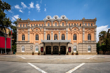 Fototapeta premium Orange and eclectic facade of the Teatro Romea in Murcia, Spain in the Julián Romea square with midday light