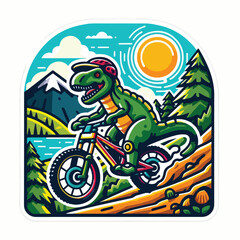 dinosaur riding a bike with mountain
