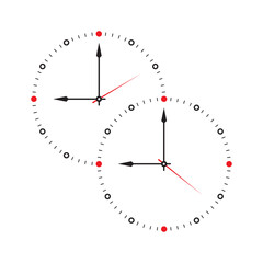 dual analog clock concept. two adjacent analog clocks. two wall clocks stuck together