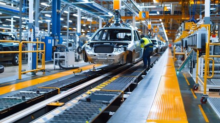 Naklejka premium Factory Assembly Line Installs Cutting-Edge RADAR Systems in Vehicles