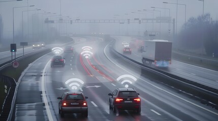 Fototapeta premium Autonomous Vehicle Fleet Communicating via Radar for Cooperative Driving and Transportation