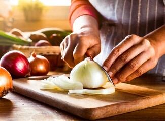 Hispanic lady cooking at home, chopping onion with a knife. Closeup of her hands, only her hands chopping the onion on focus. Concept of housekeeping or housewife/maid.