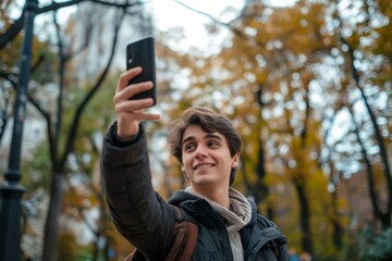 A young man in the park takes a selfie on his smartphone