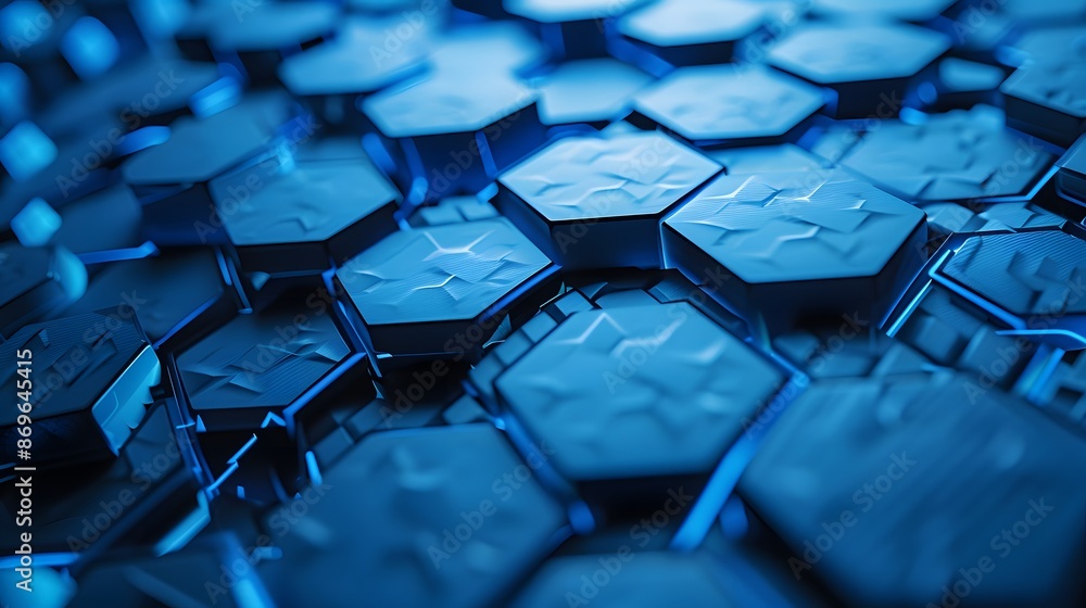 Poster close-up of blue hexagonal tiles creating a textured, geometric pattern, symbolizing technology and 