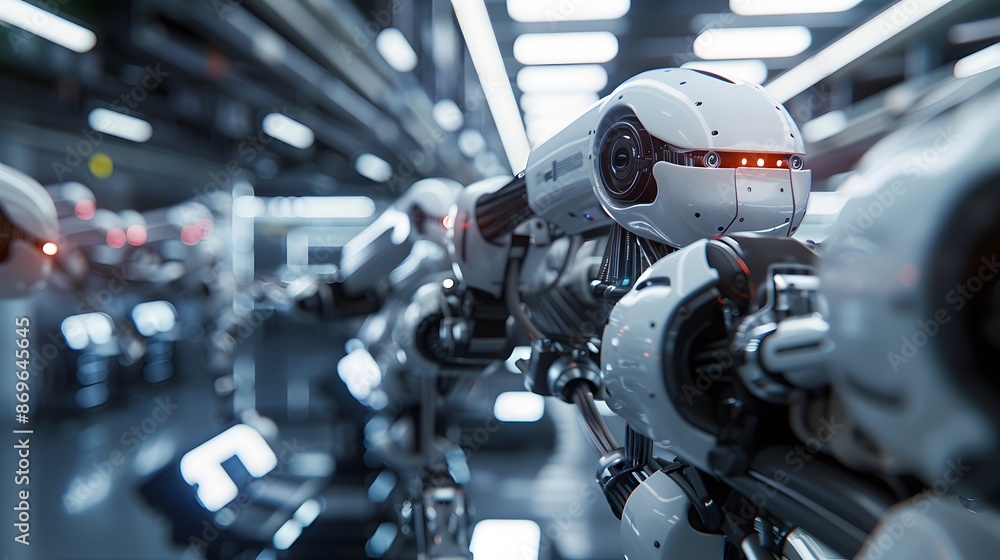 Poster a row of robotic arms operating in a high-tech factory, highlighting advanced automation and technol