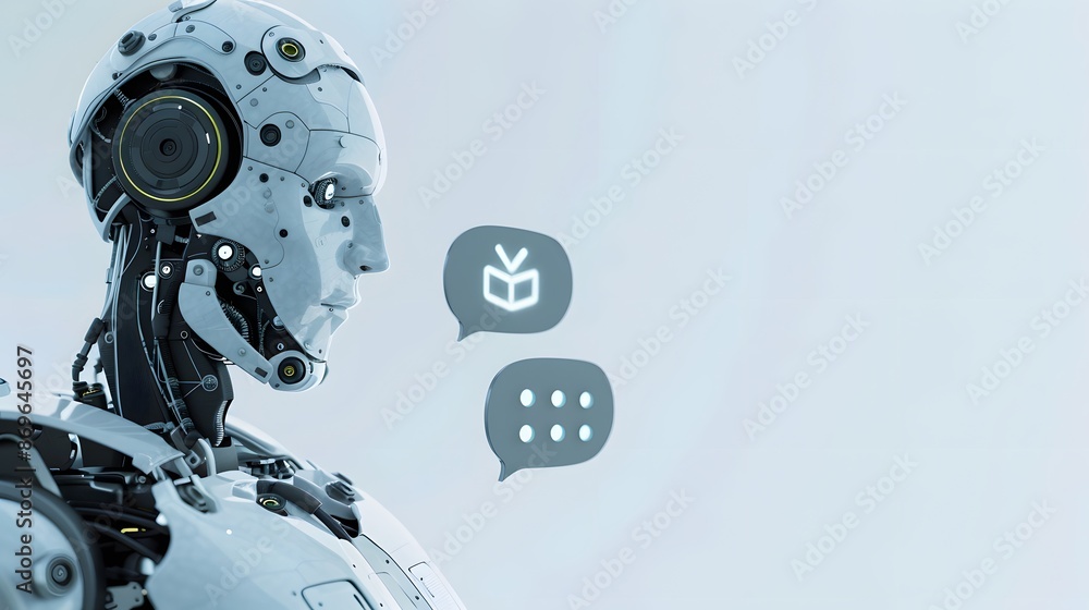 Poster a futuristic robot with communication icons, representing advanced ai and machine communication capa