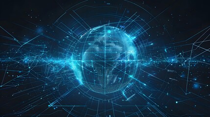 Obraz premium A digital representation of Earth with glowing blue network lines, illustrating global connectivity and advanced technology.