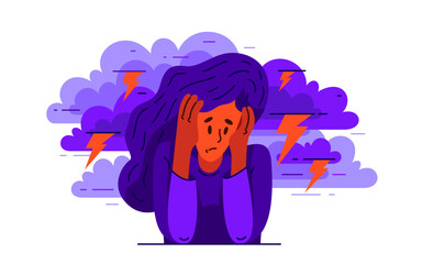 Young woman having a psychological problem of stress or anxiety, vector illustration of stressed girl having mental disorder or tired, headache flat style drawing.