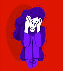 Young woman having a psychological problem of stress or anxiety, vector illustration of stressed girl having mental disorder or tired, headache flat style drawing.