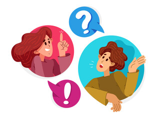 Two people talking online via some messenger with speech boxes, vector illustration of online video dialog, couple in speech bubbles.