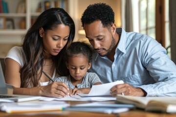 Obraz premium Portrait half-body of a multi-ethnic family planning for college funds with a financial advisor in a home office, hyper-realistic, high detail, photorealistic