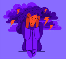 Young woman having a psychological problem of stress or anxiety, vector illustration of stressed girl having mental disorder or tired, headache flat style drawing.