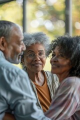 Fototapeta premium Portrait half-body of a multi-ethnic retiree couple discussing their pension plans with an advisor in a serene setting, hyper-realistic, high detail, photorealistic