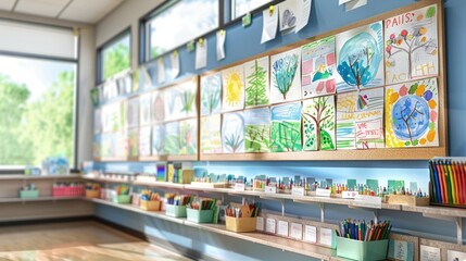 A classroom wall filled with colorful children's artwork, with supplies neatly organized below
