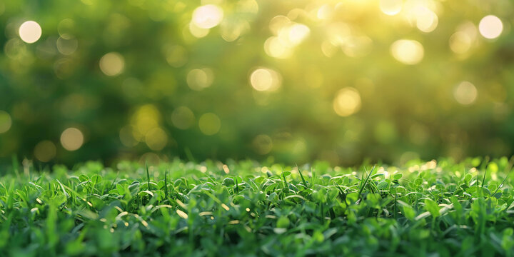 Empty surface on a green lawn background, advertising banner. Summer layout for design and product demonstration.