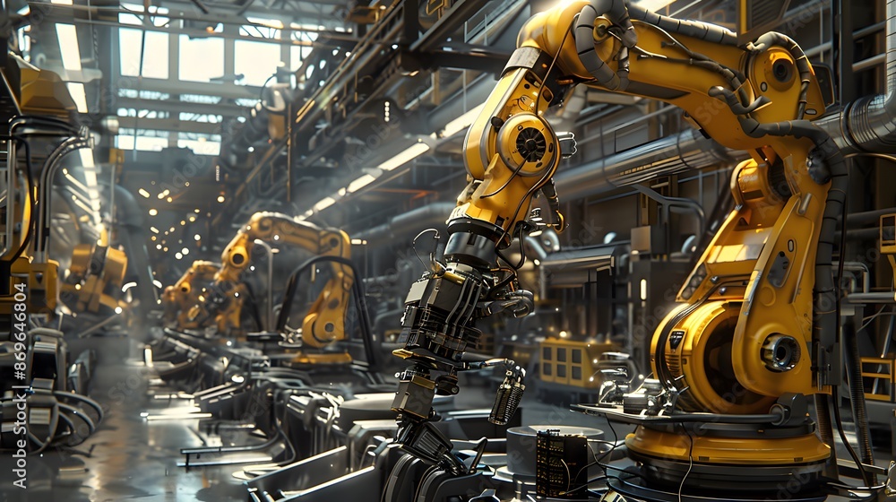 Poster a yellow robotic arm operating in a modern factory, demonstrating industrial automation and advanced
