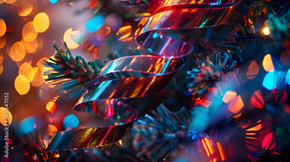 Poster a colorful holographic ribbon with glittering highlights, creating a vibrant and festive atmosphere 