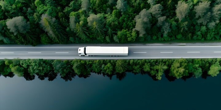 White semi truck transporting cargo on road near lake with green trees. Concept Trucking Industry, Transportation Logistics, Nature Scenery, Cargo Freight, Commercial Vehicles