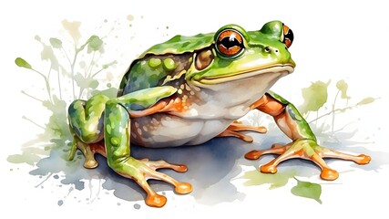 Obraz premium Verdant Frog. Illustration in watercolor in a distinct style. against an all-white background. creative depiction of the life of a frog. Subtle realism combined with abstract brushwork
