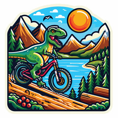 dinosaur riding a bike with mountain
