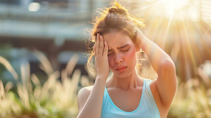 Heat stroke - Girl teen headache from sun stroke sunny hot day heat migraine pain