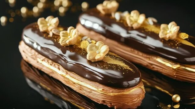 Two delicious chocolate eclairs with glossy chocolate glaze and topped with gold decorations. The pastries are presented on a dark background, emphasizing their rich texture and elegance, likely at