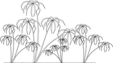 Vector silhouette illustration sketch detailed design of a collection of plants with lots of leaves and twigs in the garden