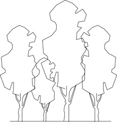 Vector silhouette illustration sketch detailed design of collection of tree plants with lots of leaves and twigs in the forest 