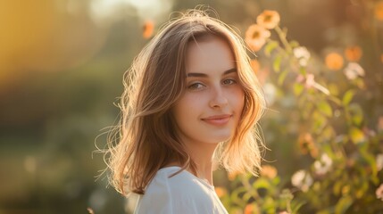 Fototapeta premium a woman with a white shirt and a flower bush in the background is smiling at the camera with a sunbeam in the foreground