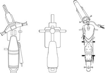 Vector silhouette illustration sketch, detailed design of a parked motorbike seen from above