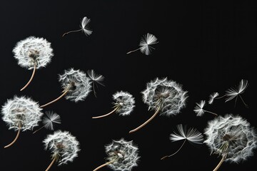 "Flying Only Small White Dandelion Seeds on a Black Sol"