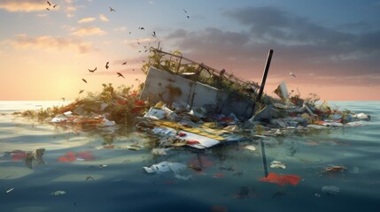 Garbage Patch Conundrum: Plastic Podium with Floating Debris, Environmental Pollution in the Ocean â€“ Thought-Provoking Digital Art in Muted Colors