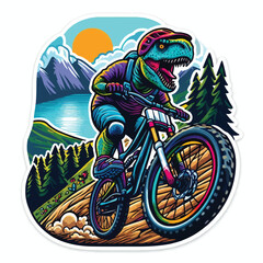 dinosaur riding a bike with mountain
