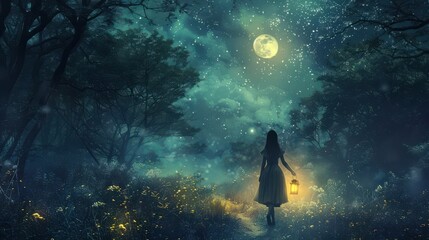 Fototapeta premium A woman is walking through a forest at night, holding a lantern