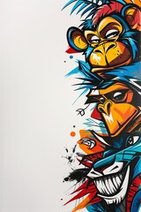 Obraz premium A captivating split scene: one side explodes with a kaleidoscope of expressive monkey faces, while the other depicts powerful tigers intertwined with lush jungle vegetation