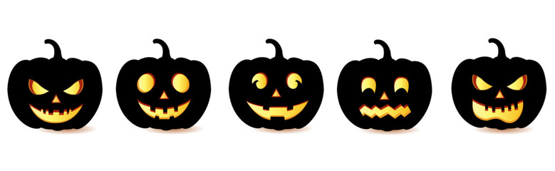 Set of Halloween Pumpkins with Different Expressions for icons and decorations isolated in white background. Vector illustration