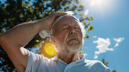 Heat stroke - Senior man with cold pack suffering from heat stroke outdoors