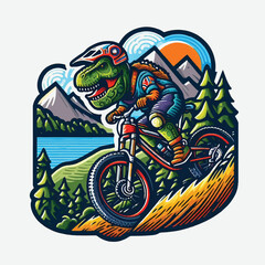 dinosaur riding a bike with mountain
